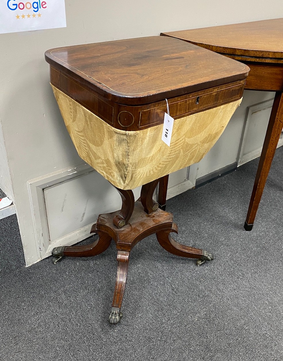 A Regency brass inlaid rosewood work table, width 45cm, depth 37cm, height 75cm
